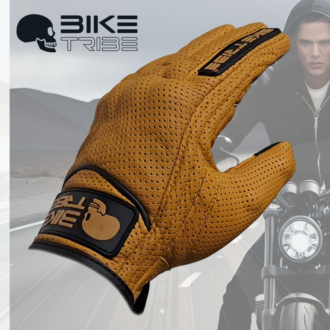 Motorbike Leather Short Summer Perforated Gloves, Carbon Knuckle, Motorcycle Tan