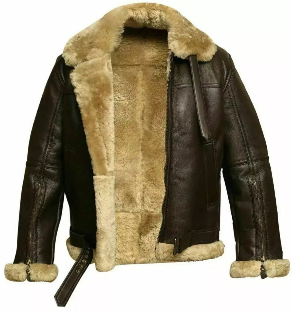 Men's RAF B3 Sheepskin Shearling Leather Bomber Jacket Flying Aviator Brown Coat