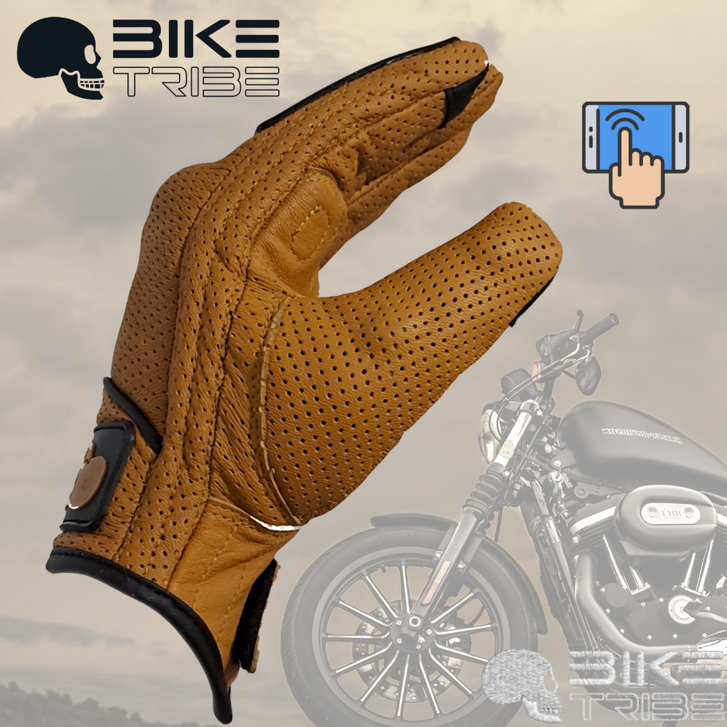 Motorbike Leather Short Summer Perforated Gloves, Carbon Knuckle, Motorcycle Tan