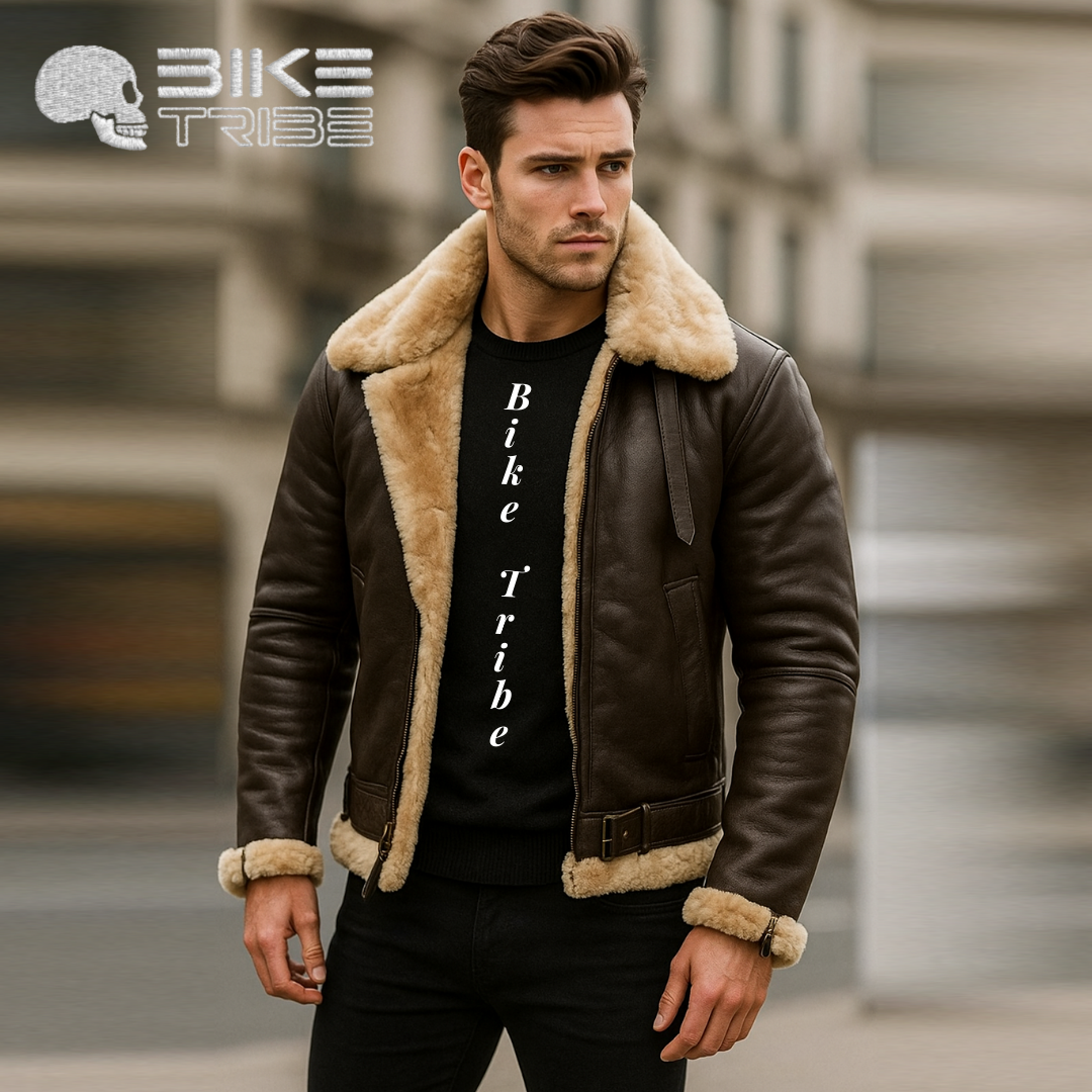 Men's RAF B3 Sheepskin Shearling Leather Bomber Jacket Flying Aviator Brown Coat