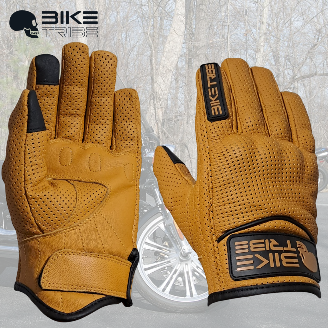 Motorbike Leather Short Summer Perforated Gloves, Carbon Knuckle, Motorcycle Tan