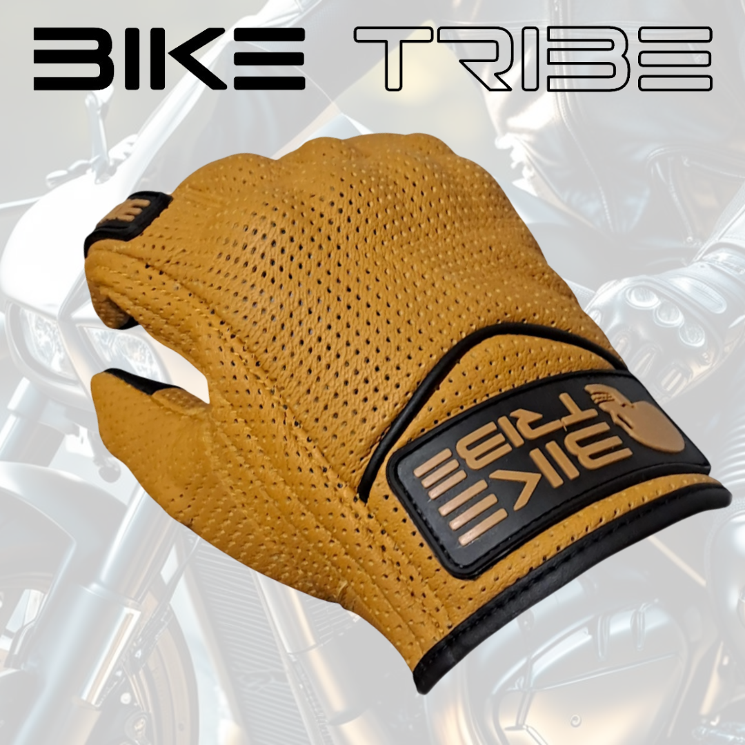 Motorbike Leather Short Summer Perforated Gloves, Carbon Knuckle, Motorcycle Tan