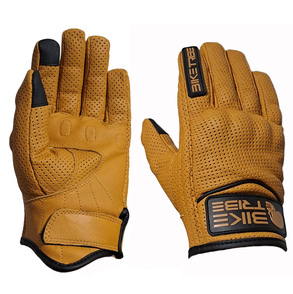 Motorbike Leather Short Summer Perforated Gloves, Carbon Knuckle, Motorcycle Tan