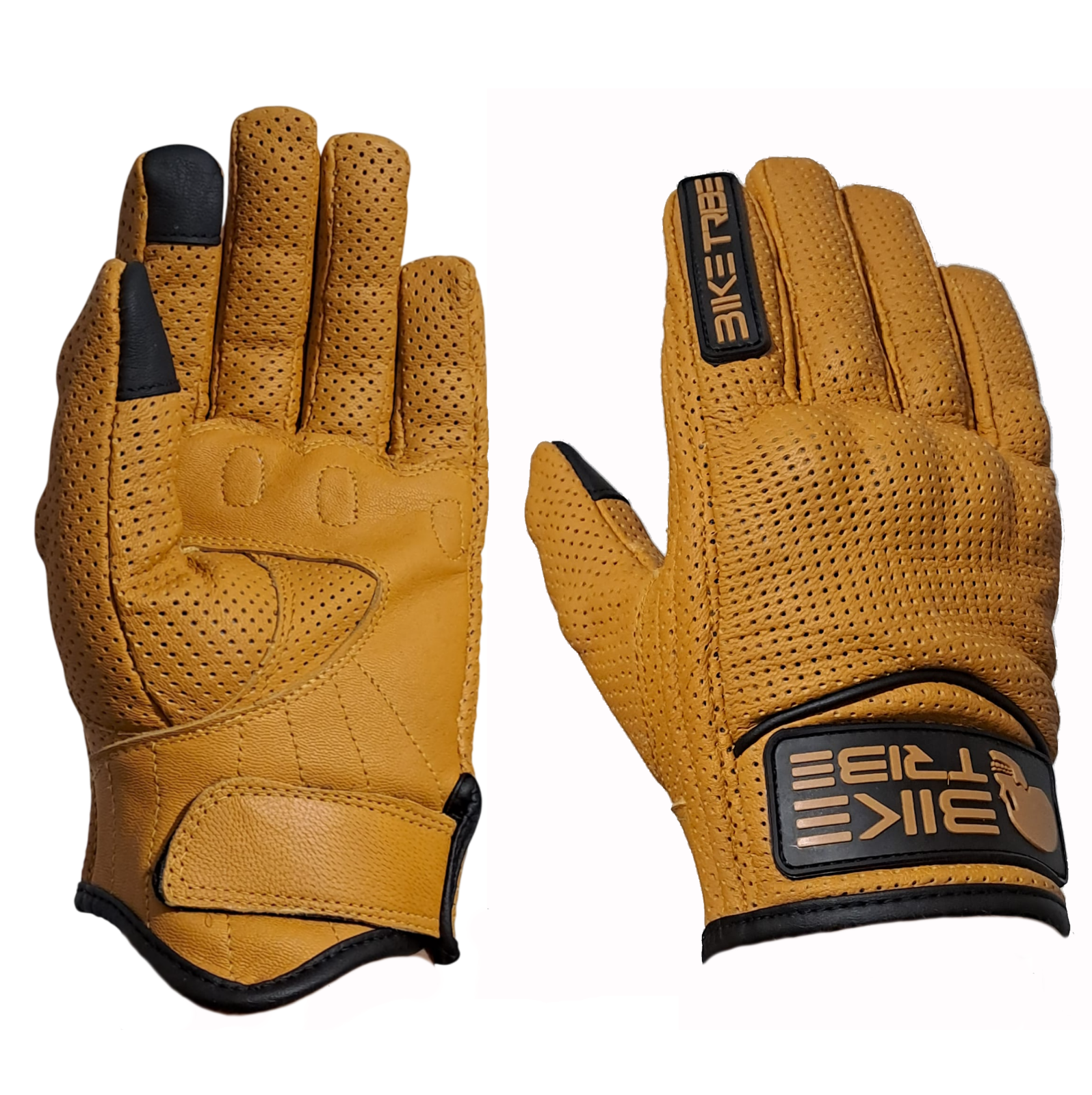 Motorbike Leather Short Summer Perforated Gloves, Carbon Knuckle, Motorcycle Tan