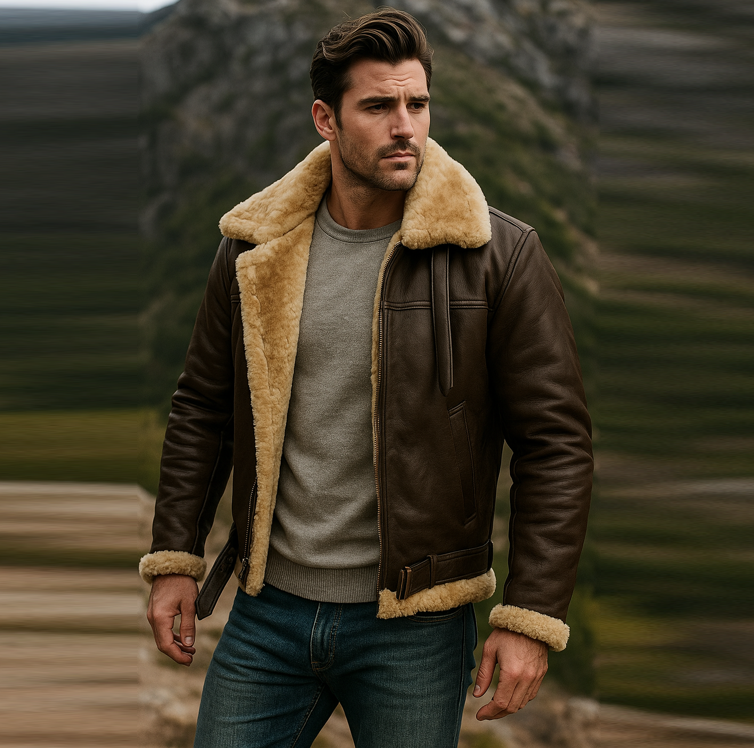 Men's RAF B3 Sheepskin Shearling Leather Bomber Jacket Flying Aviator Brown Coat